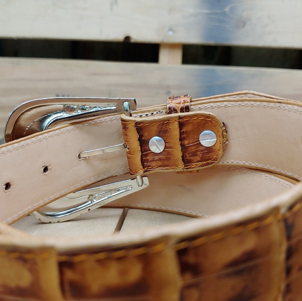 Mens Leather Belt Crocodile Belly Print Cognac - Picture 3 of 7